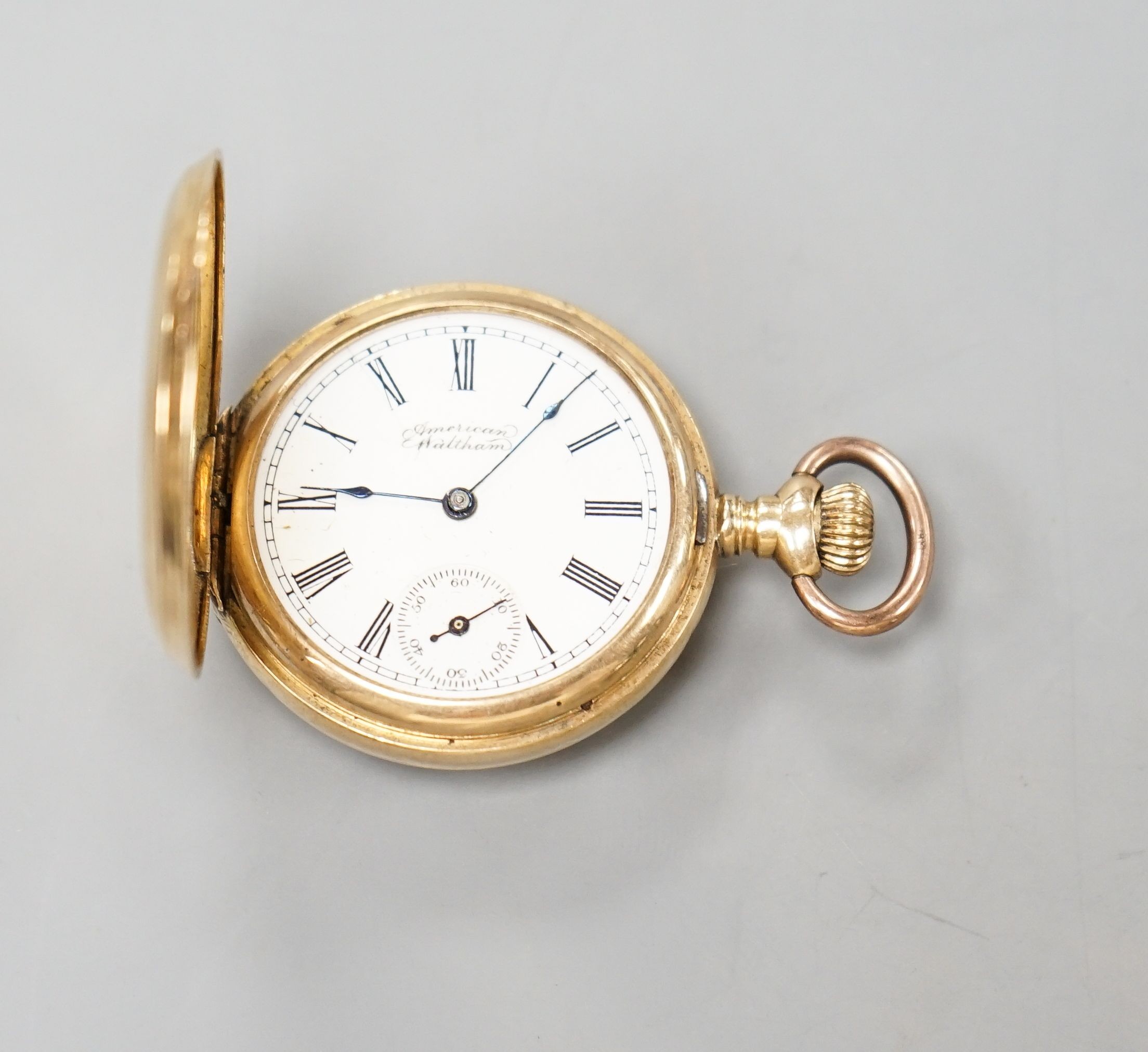 An early 20th century 14kt and rose cut diamond set Waltham hunter keyless fob watch